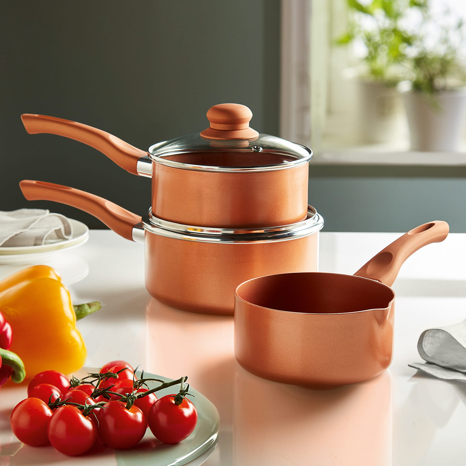 Set of 3 Copper King Saucepans copper infused even heat.