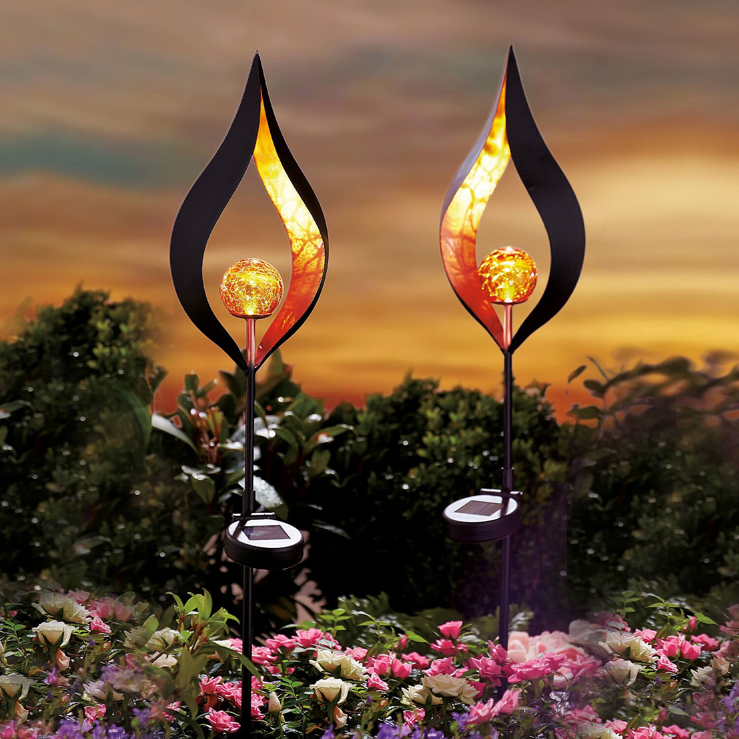 Set of 2 Bronze Flame Solar Stakes