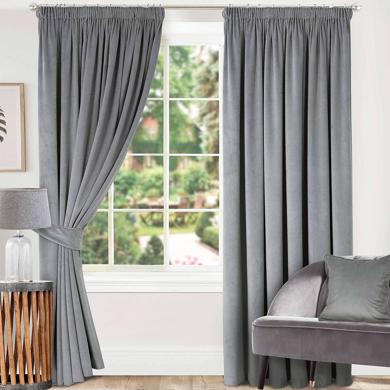 Lined Velour Curtains - Soft Grey