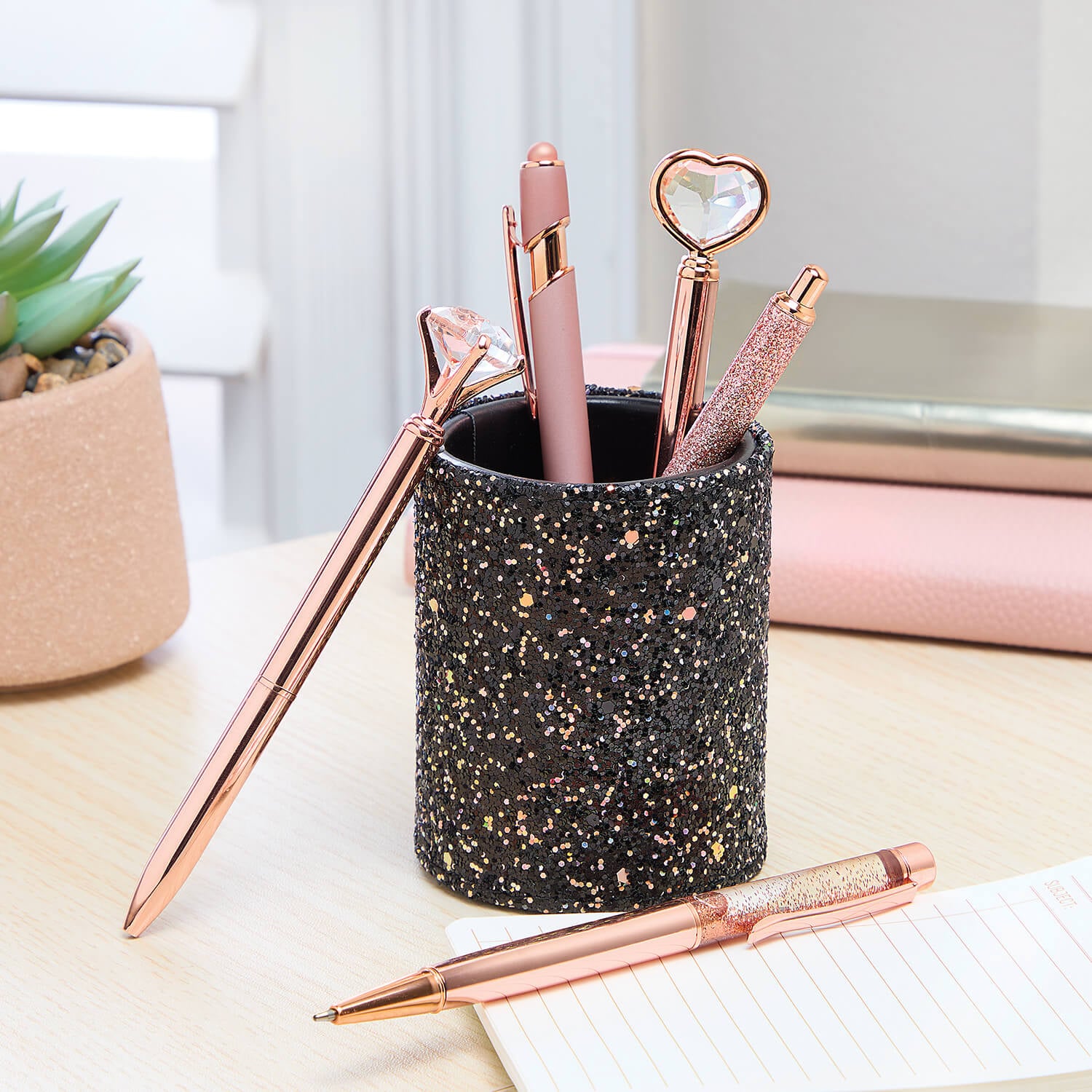 Image of 5Pc Ballpoint Pens With Glitter Holder