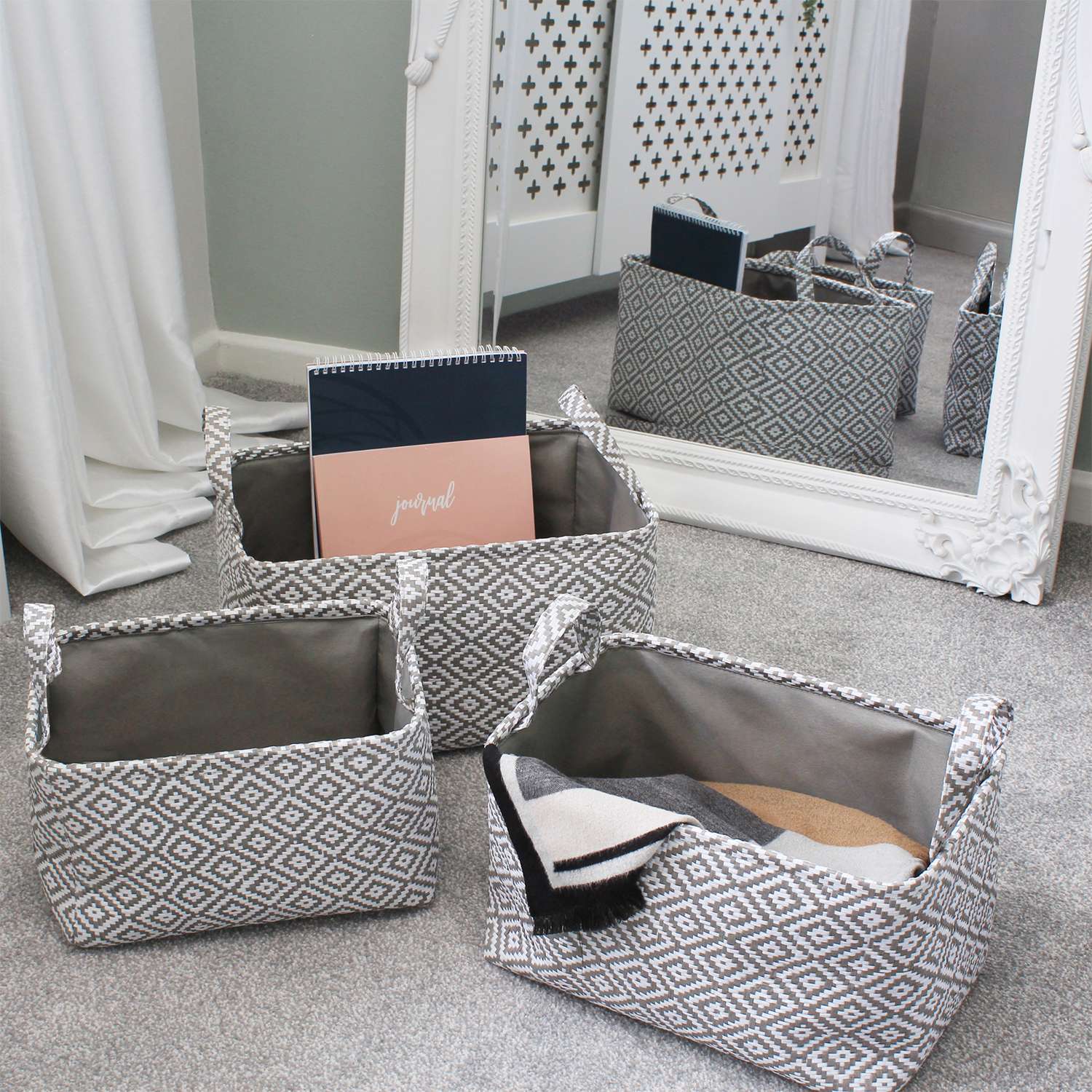 Set Of 3 Argyle Rectangular Paper Storage Baskets With Handles