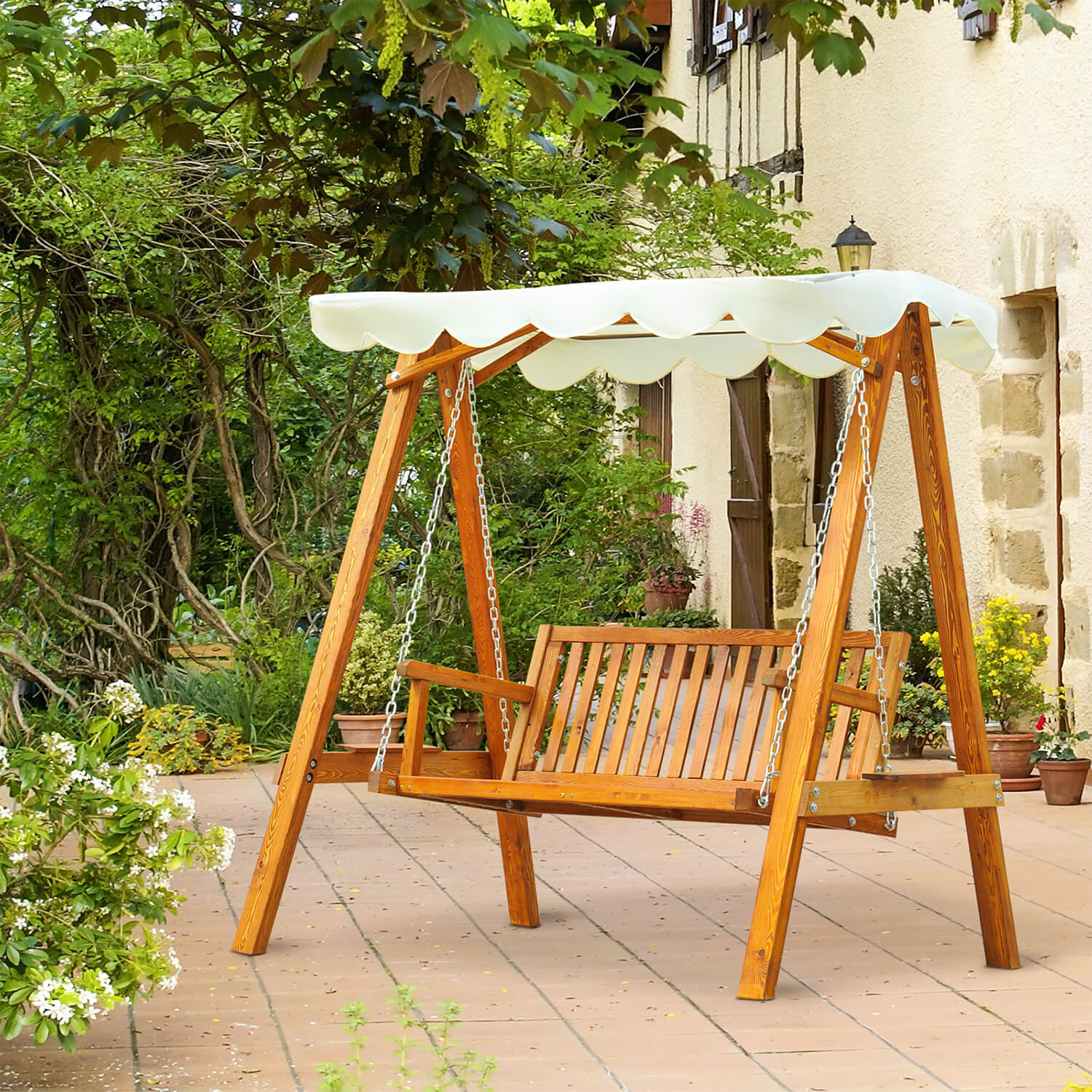 Cream 2 Seater Wooden Garden Swing Chair