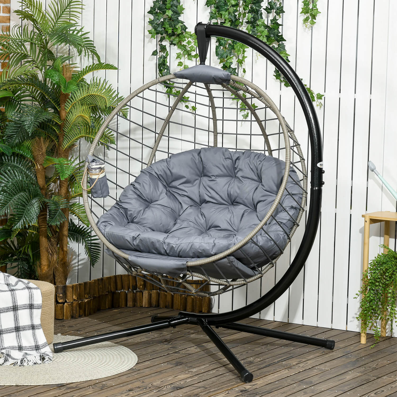 Rattan Hanging Egg Chair with Metal Stand, Thick Padded Cushion, Foldable Basket & Cup Holder - Grey