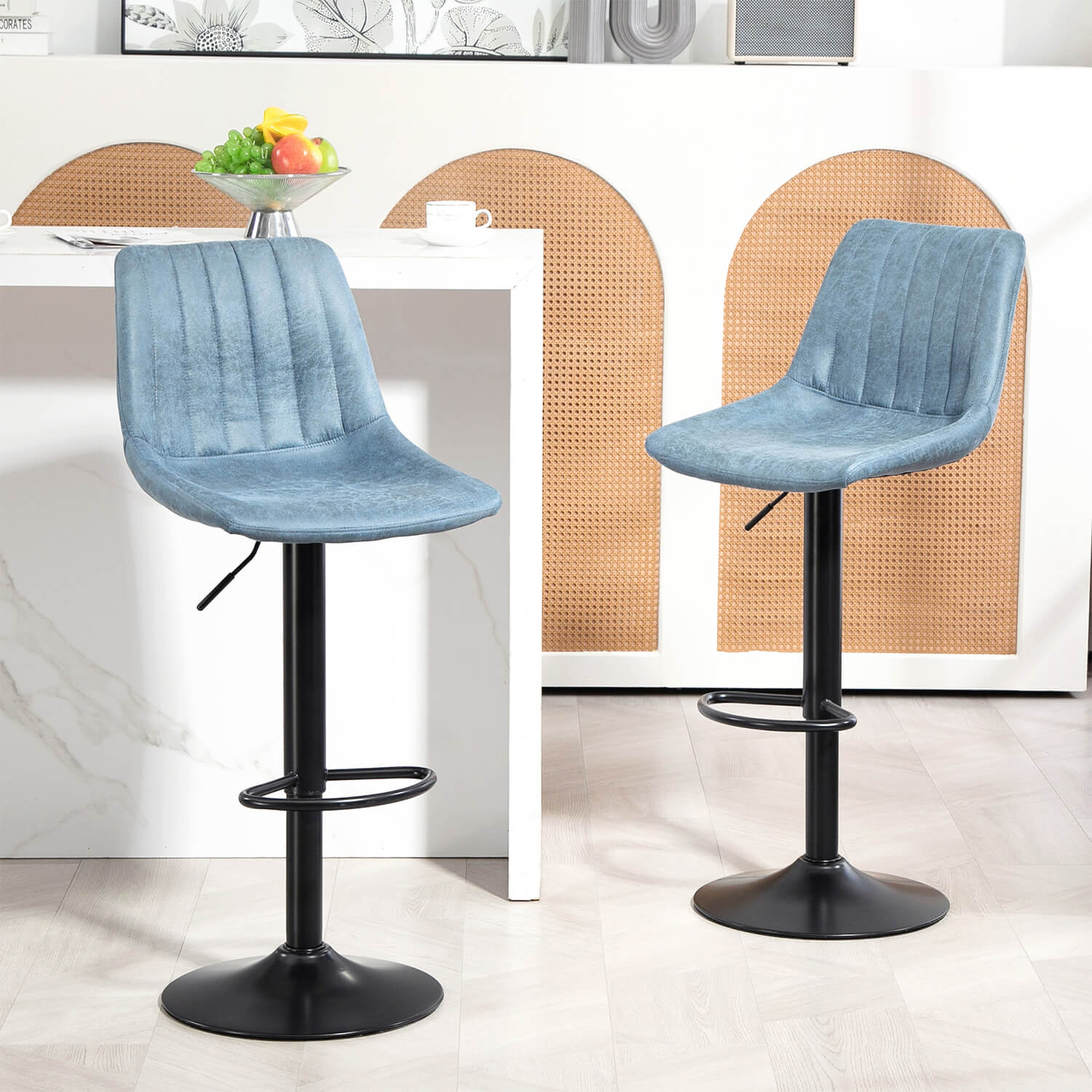 Set of 2 Swivel Bar Stools with Back & Adjustable Height - Blue