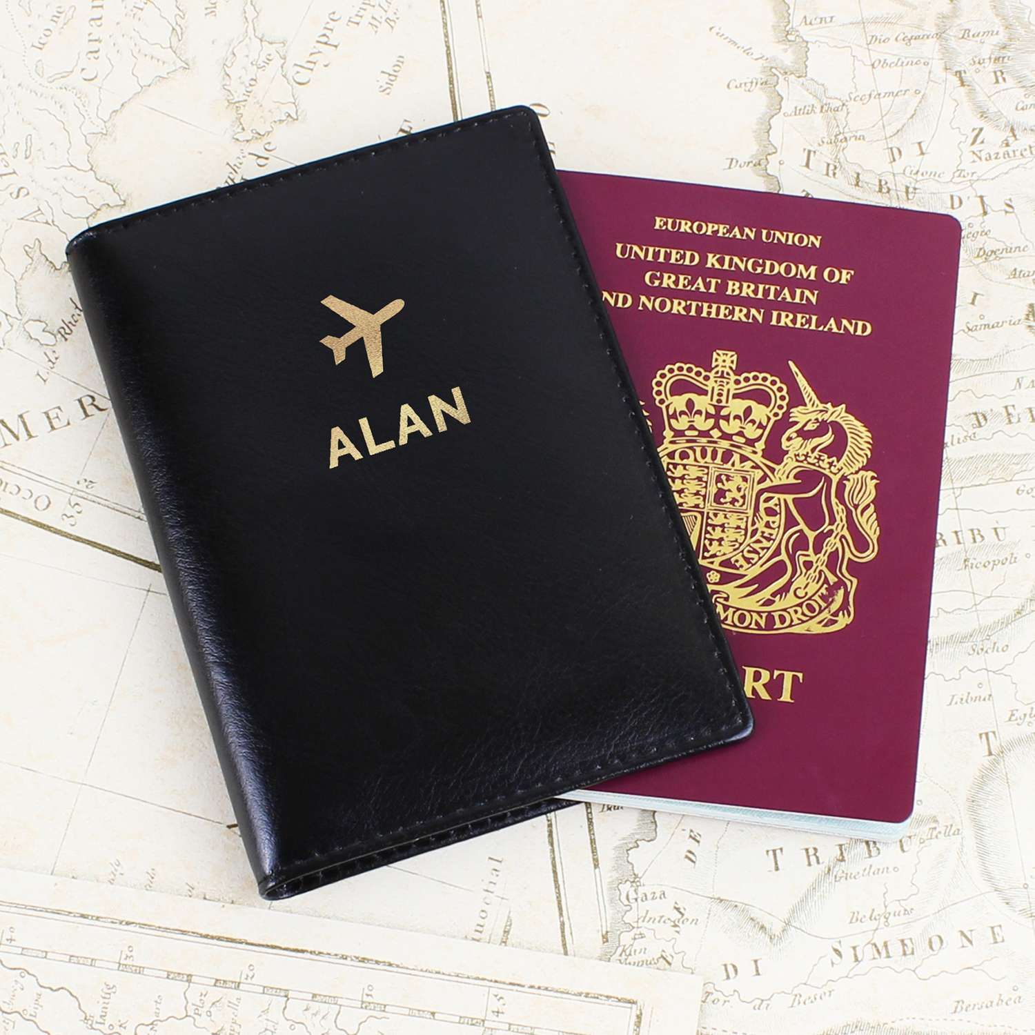 Image of Gold Name Black Passport Holder Perso
