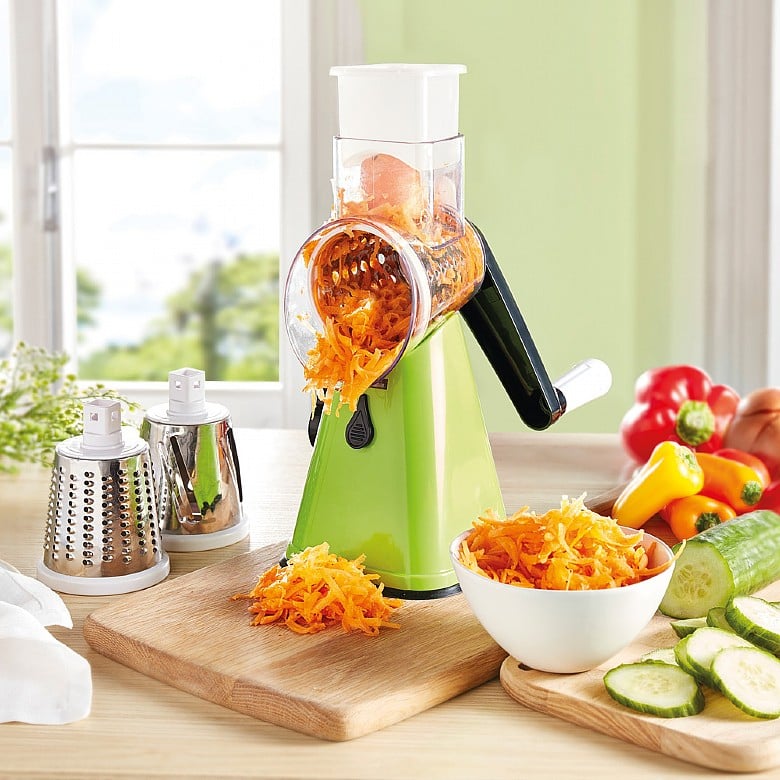 3-in-1 Tabletop Grater: effortlessly grate, shred or slice.