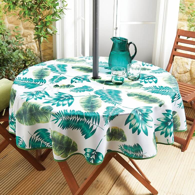 Palm Print Round Tablecloth With Parasol Zip Garden Awnings Furniture Coopers Of Stortford Palm Print Round Tablecloth With, Round Outdoor Tablecloth With Umbrella Hole Uk
