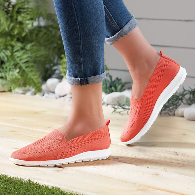 Fly-Knit Memory Foam Slip-on Ballerina Shoes - Coral