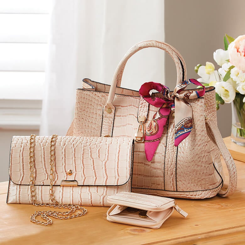 Set of 4 Croc Effect Handbag Set with Neck Scarf