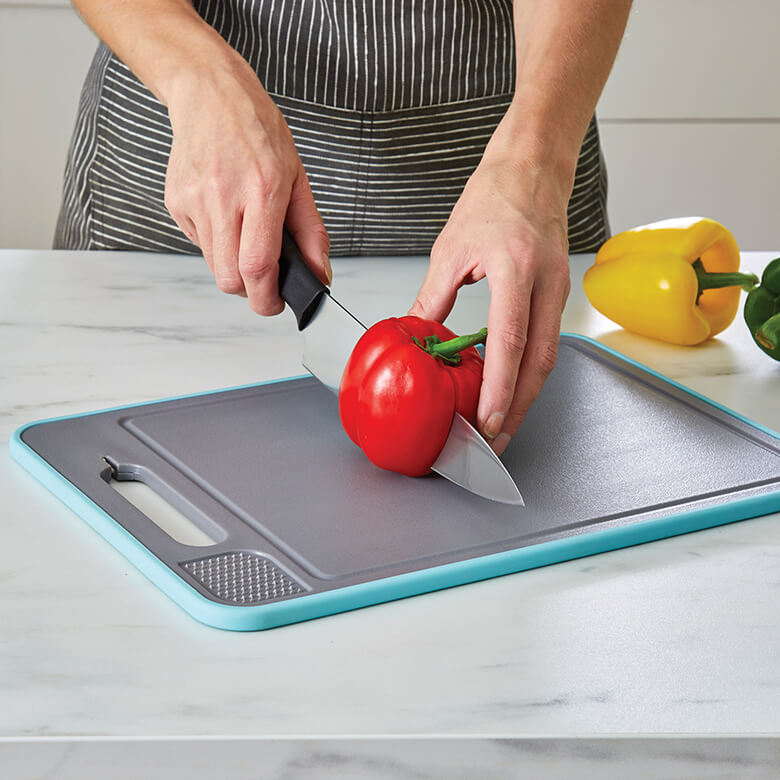 4 in 1 Defrosting Tray for Frozen Meat with Cutting Board, Knife Sharpener  & Garlic Grater - Rapid Dethawing Defroster & Non-Slip Red Chopping Boards