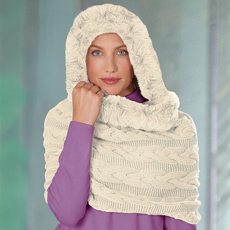 Beige Loop Scarf with Faux Fur Hood Coopers Of Stortford