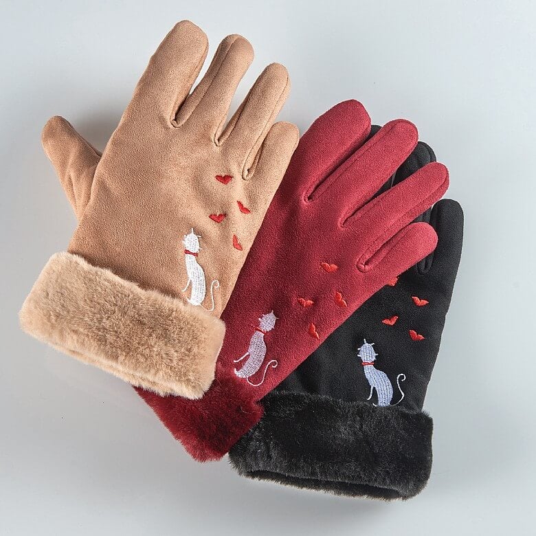 Camel Suede Cat Embroidered Gloves | Coopers Of Stortford