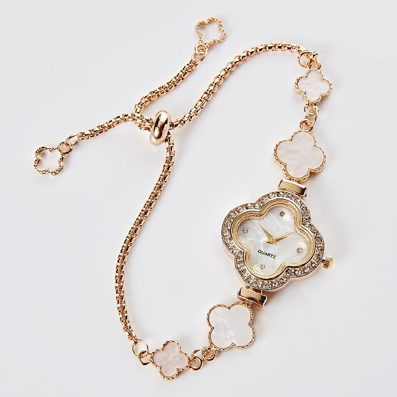 Gold Tone Rhinestone Clover Face Bracelet Watch Elegant Jewelry Luxury Women Watch Four Leaf Clover Flower Bracelet Band  main image 4