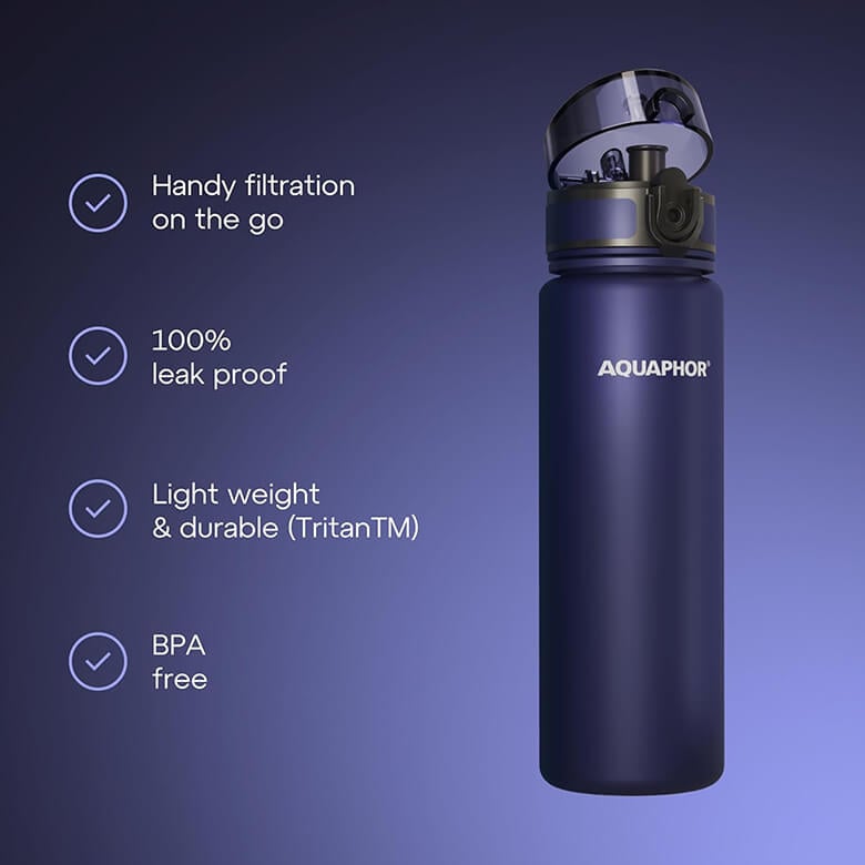 Bouteille Isotherme Filtrante AQUAPHOR City Cool 500 Ml – Acier Inox Double Paroi, Filtre Anti-Chlore Bleu Vif, Eau Fraîche 24h
