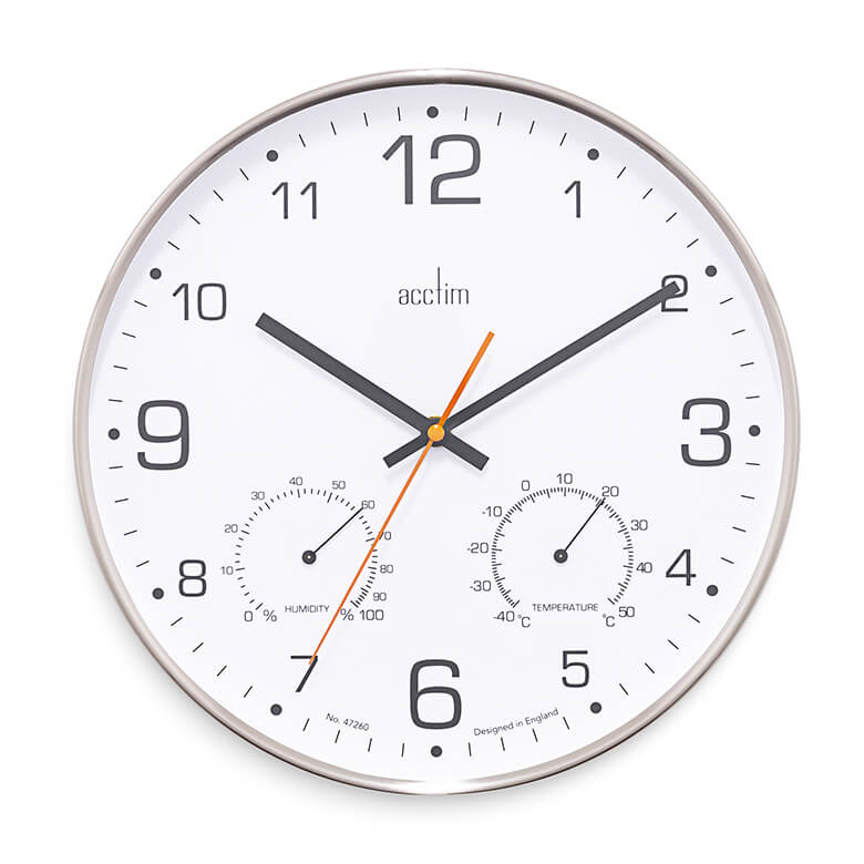 Acctim Komfort Metal Thermometer Hygrometer Wall Clock Brushed Steel 30cm