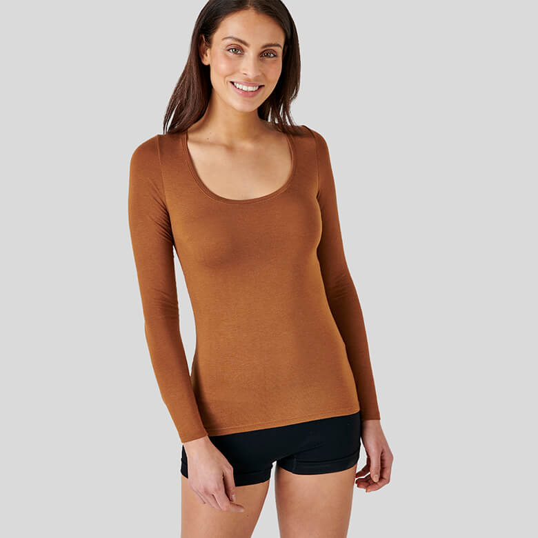 Invisible women's long sleeve undershirt with deep scoop neck stretch  cotton beige