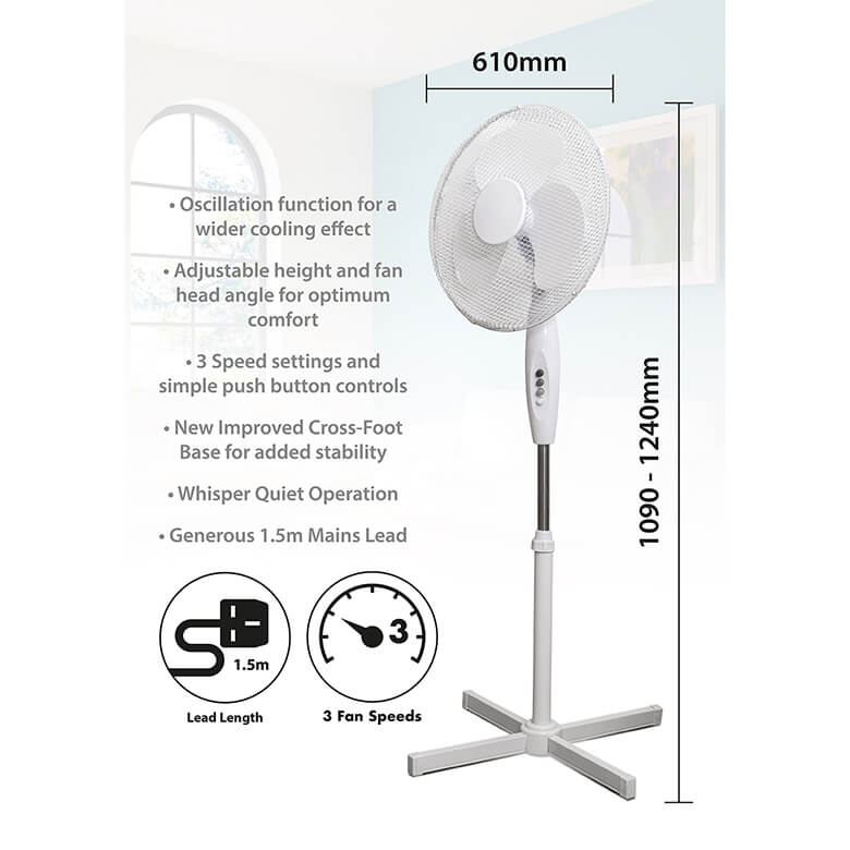 Prem-I-Air 16 Inch (40 cm) Oscillating Pedestal Fan with 3 Speed Settings -  White