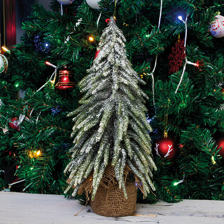 Decorative Snow Topped Mini Christmas Tree in Hessian Bag Small