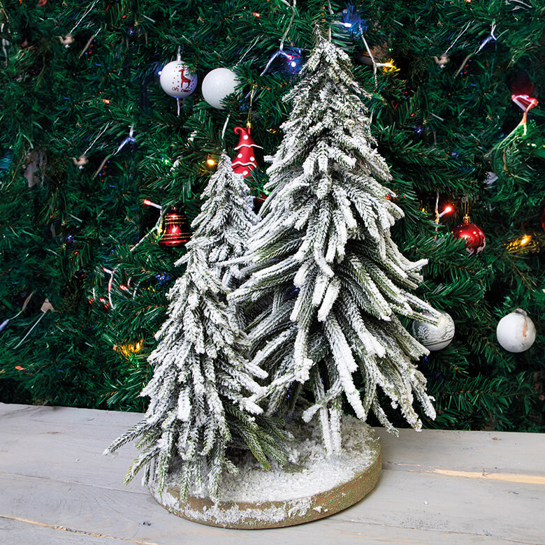 Decorative Snow Topped Mini Artificial Christmas Tree Display on Plinth Coopers Of Stortford
