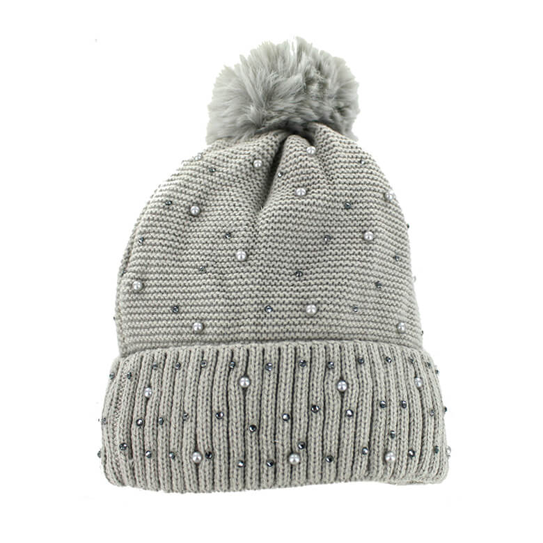 Grey Knitted Pom Pom Hat with Faux Pearl Detail Coopers Of Stortford