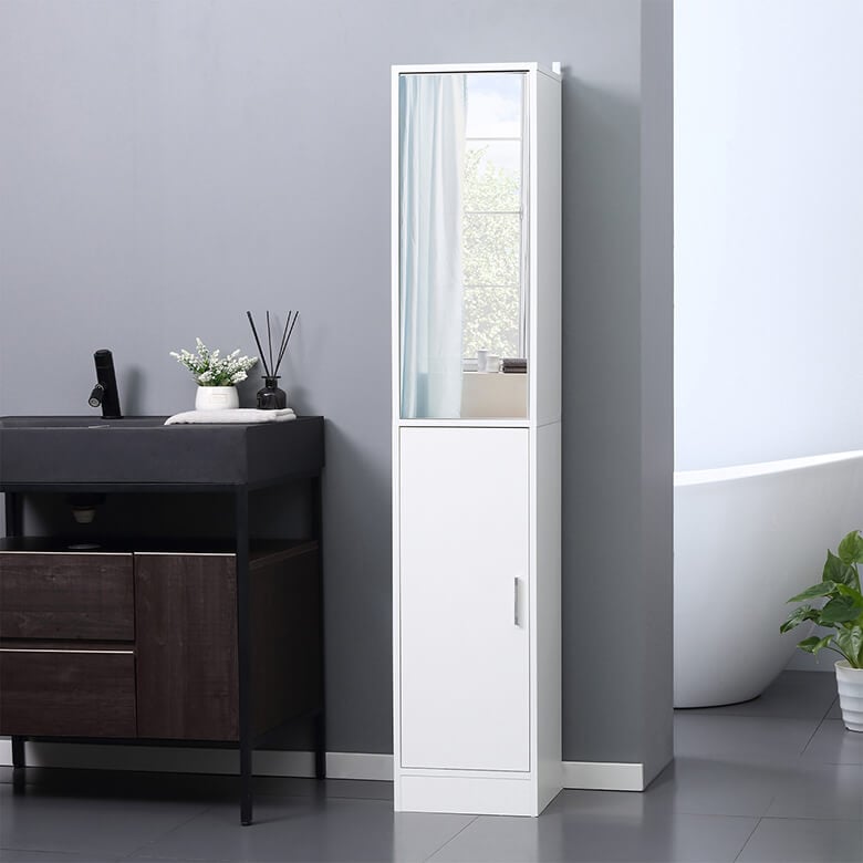 Mirrored Bathroom Tallboy Cabinet - White | Coopers Of Stortford
