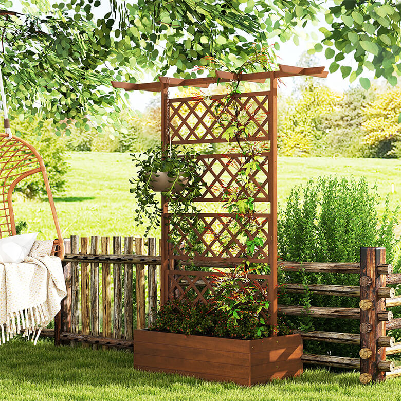 thumbnail image 2 of IRONMAX Raised Garden Bed With Trellis & Hanging Roof, Fir Wood Planter Box For Vegetables, Flower, Climbing Plants, Outdoor Garden Planter W/Drainage 2 of 13