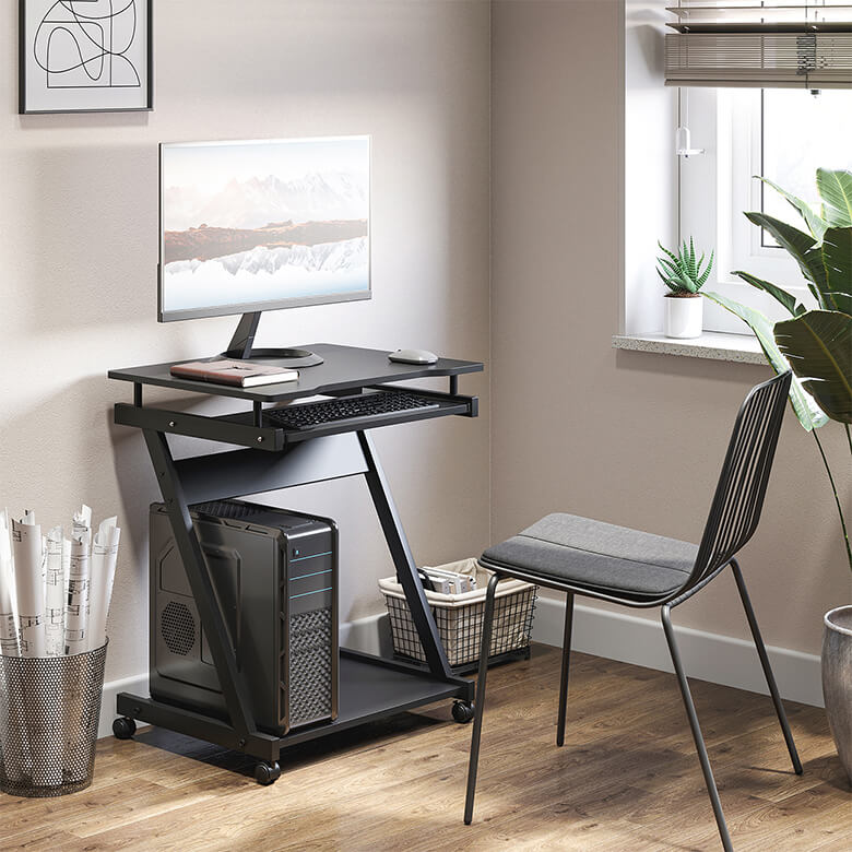 Computer Desk with Sliding Keyboard Tray Wheels Black