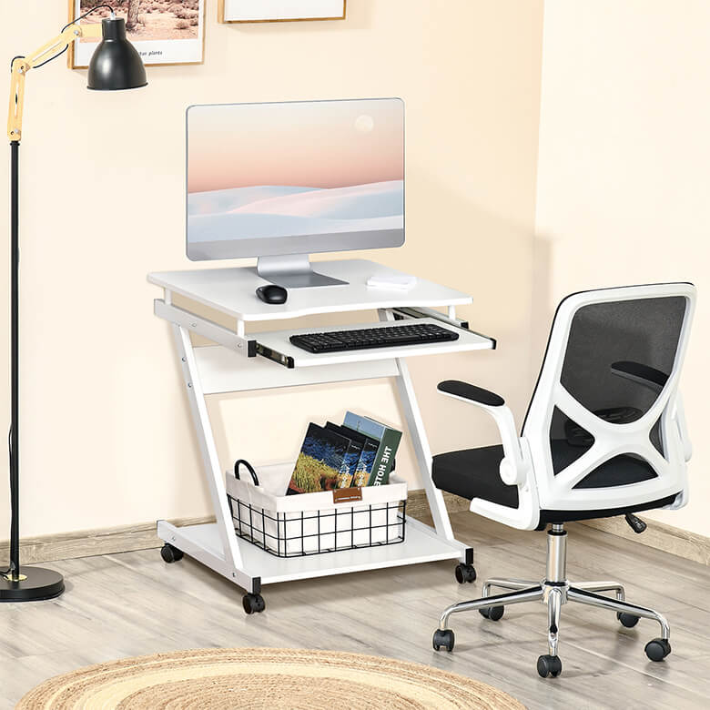 Computer Desk with Sliding Keyboard Tray Wheels White Coopers Of Stortford