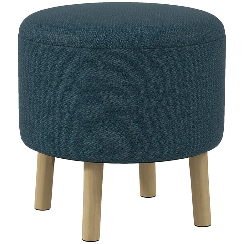 Round Linen Look Storage Ottoman Blue