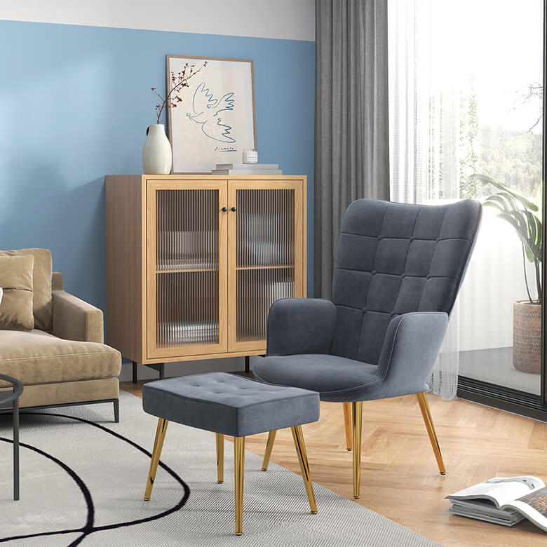 Button Tufted Armchair with Footstool Dark Grey Coopers Of Stortford