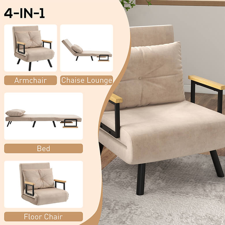 Velvet Feel Single Chair Bed with Pillow Beige