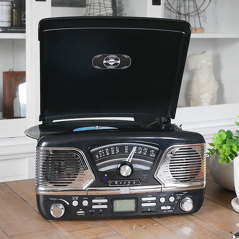 Black Roxy 4 Retro Style Record Player With CD | Coopers Of Stortford