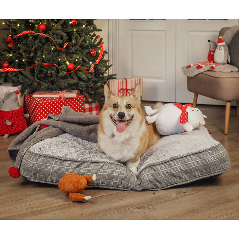 Luxury Checked Dog Beds Grey Plaid Dog Gusset Mattress