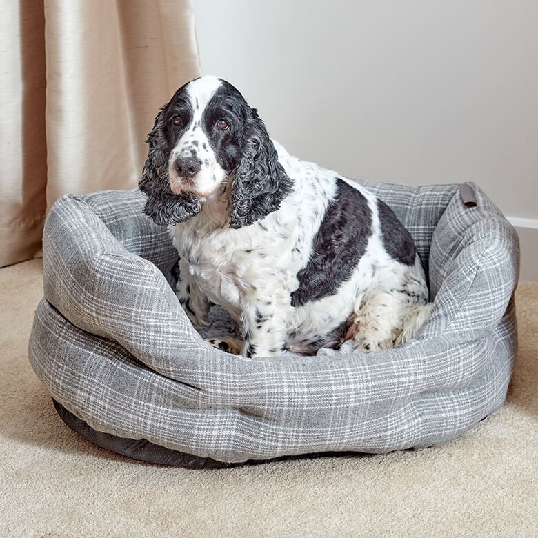 Grey Plaid Oval Dog Bed