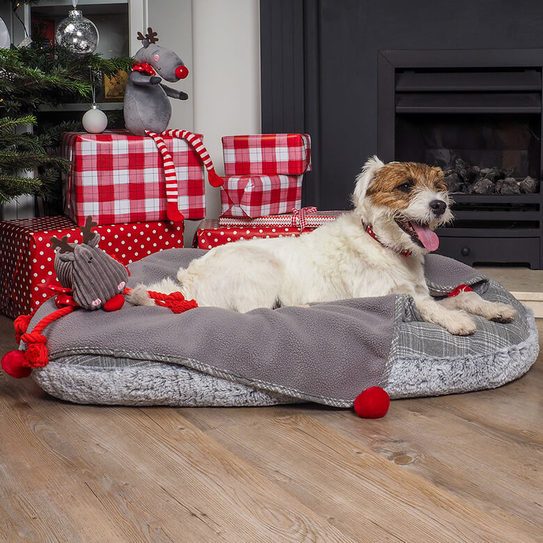 Grey Plaid Oval Dog Cushion