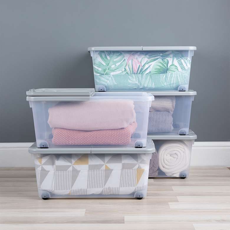 Pack of 5 45L Plastic Storage Boxes With Wheels & Folding Lid Clear