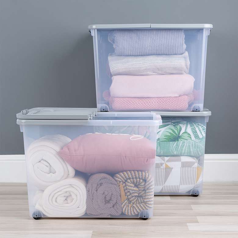 Pack of 3 80L Plastic Storage Boxes With Wheels & Folding Lid Clear