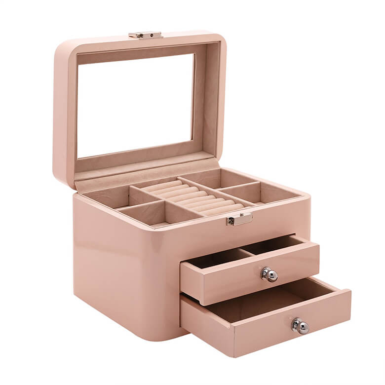 Pink Wooden Jewellery Box with Compartments 2 Drawers