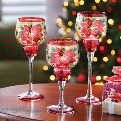 Set of 3 Poinsettia Goblet Candle Holders