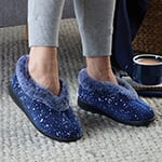 Women's Wide Fitting Fan Stitch Slippers - Navy Blue, Comfortable Rubber Sole